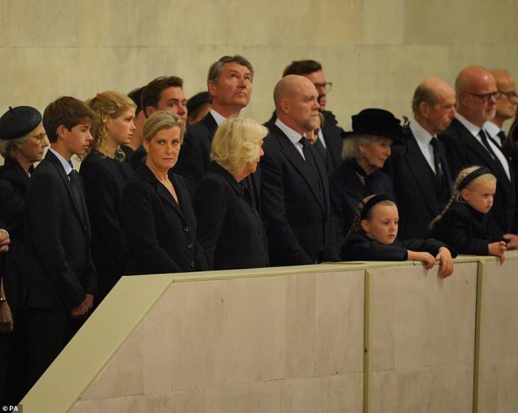 Members of the royal family watched on during the Vigil of Princes in Westminster Hall. Pictured L-R: James, Viscount Severn, Lady Louise Windsor, Sophie, Countess of Wessex, Edoardo Mapelli Mozzi, Vice Admiral Sir Tim Laurence, Mike Tindall, Zara Tindall, Mia Tindall, Lena Tindall
