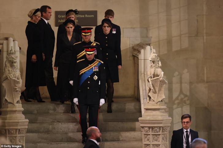 The eight grandchildren arrived at Westminster Hall where they performed a vigil at the Queen's coffin