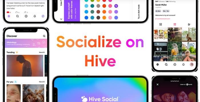 Text that says “Socialize on Hive,” surrounded by floating iPhones, each displaying the Hive Social app.