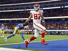 Chiefs tight end Travis Kelce one of his three touchdowns against the Los Angles Chargers on Monday night.